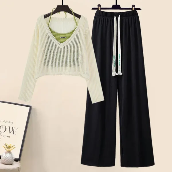 2024 Spring Summer Women Green Clothing Outfits Korean Lady Fashion Hollow Out Knit Tops Sling Vest High Waist Pants 3 Pcs Sets 3