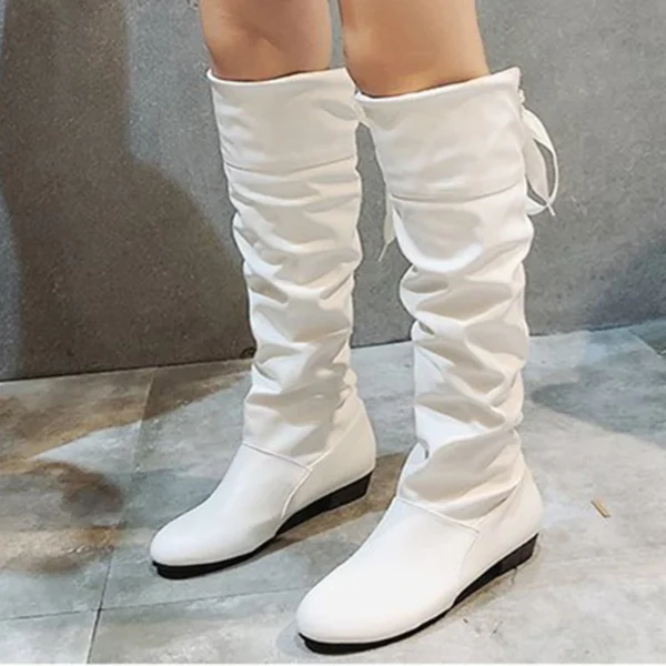 2023Shoes For Women  Knee High Boots Red Black White Tall Boots Woman Pleated Low Heel Casual Leather Female Long Shoes 1