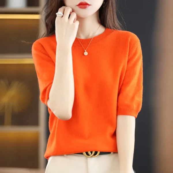 Spring and Summer New Short-sleeved Women O-neck Slim Wool Cotton Blend Pullover Vest T-shirt Knitted Base Sweater 1