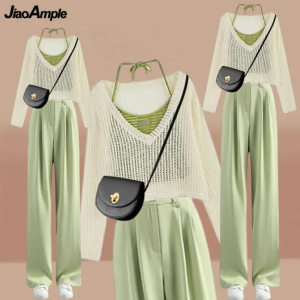 2024 Spring Summer Women Green Clothing Outfits Korean Lady Fashion Hollow Out Knit Tops Sling Vest High Waist Pants 3 Pcs Sets 1