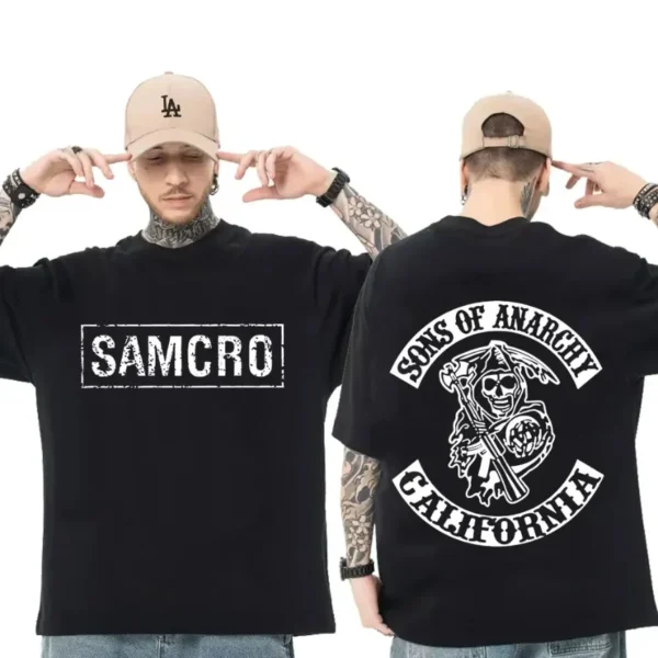 Sons of Anarchy SAMCRO Double Sided Print Tshirt Men Womnen Fashion Hip Hop Rock Tees Short Sleeve Summer Cotton T Shirts Tops 2