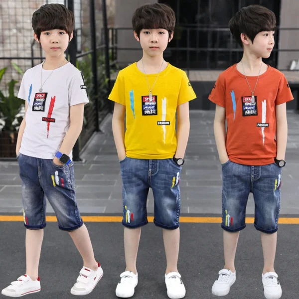 2024 autumn Boys Clothes Sport Set Casual Short Sleeve Children tracksuit letter shirt + demin shorts pants 5 6 7 8 9 10 11 year 2