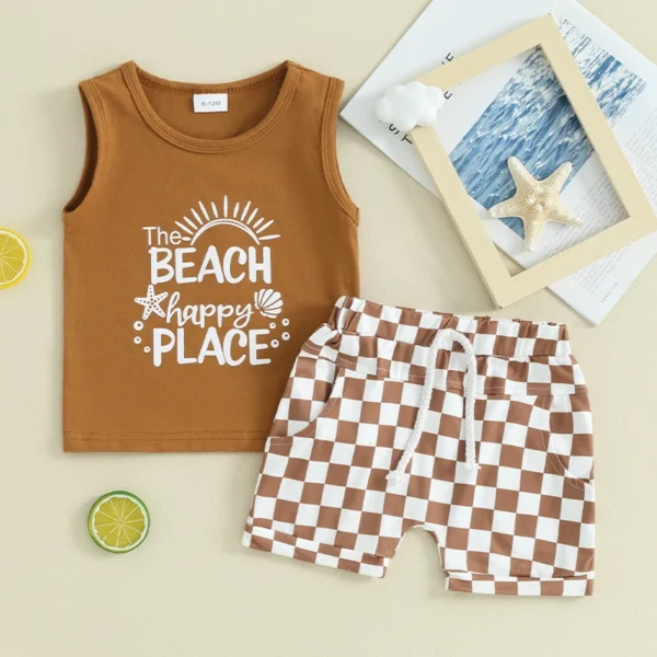 Lioraitiin Toddler Boys Summer Outfits Letter Car Print Sleeveless Tank Tops and Checkerboard Elastic Waist Shorts Clothes Set 2