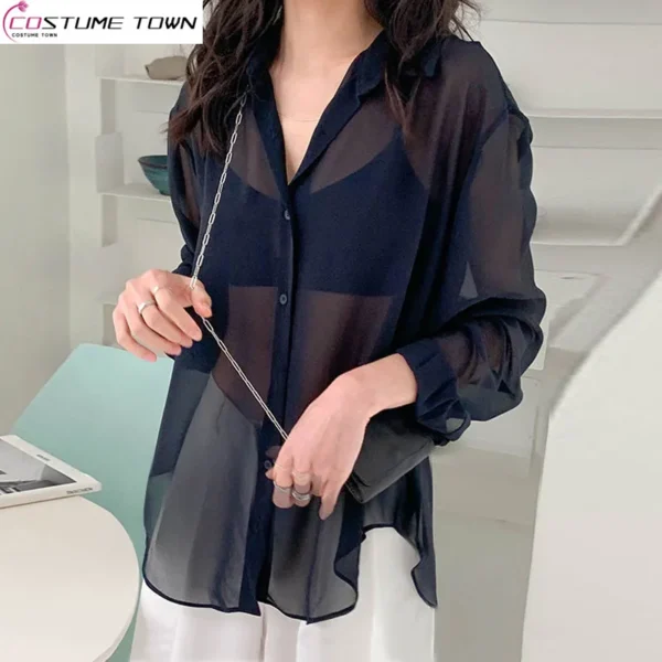 Versatile Ice Silk Sunscreen Clothes for Women in Spring and Summer 2023 New Black Chiffon Sunscreen Shirt Loose Thin Cardigan 1