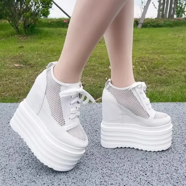 15CM Women Summer Shoes Chunky Sneakers Air Mesh Hollow Out Genuine Leather White Wedge Shoes Platform Heel Pumps Mujer Bombas 2