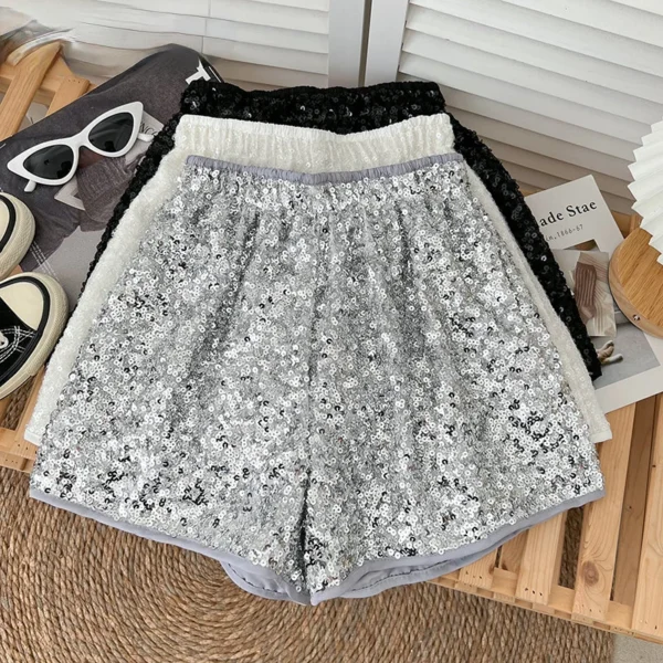 Women Shiny Sequin Elastic Waist Thin A line Wide Leg Pants Shorts 2023 Summer New Casual Chic Fashion Versatile Pants 1