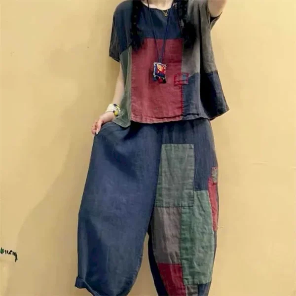 Cotton Linen Pants Sets Patchwork Vintage Shirt and Casual Harem Pants Oversized Korean Fashion Two Piece Sets Women Outfits 2