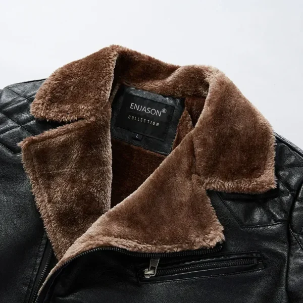 Fashion Warm with Fur Collar Winter Men's Leather Jacket Thicken Fleece Motorcycle Coat Casual Faux Leather Jacket 3