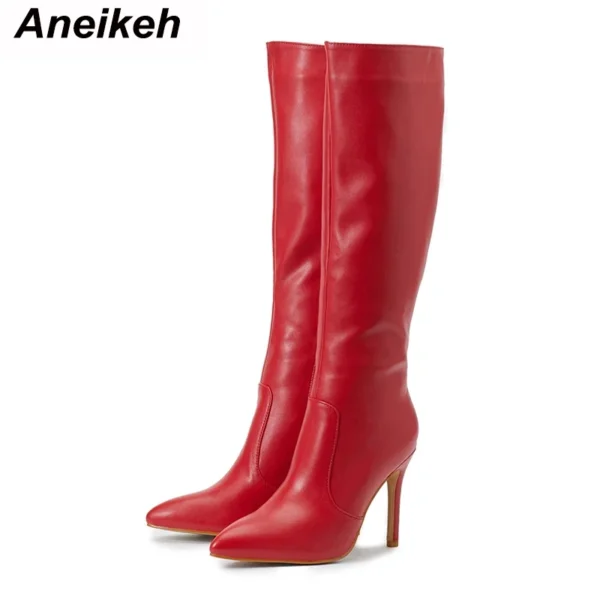 Aneikeh Women's Fashion Elegant Pointed Thin Heel Knee High Long Boots2024 Spring/Autumn PU Panel Side Zipper Boots Western35-42 4