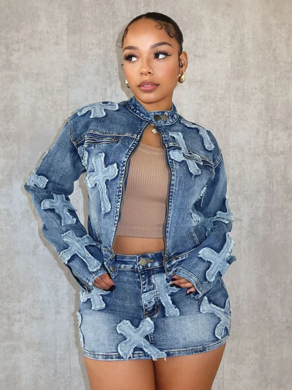 2 Piece Denim Sets Womens Outfits Spring Long Sleeve Zipper Jacket and Mini Skirt Set Sweet Sexy Outfits Wholesale Dropshipping 1