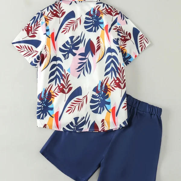 2 Pieces Boy Youth Summer Vacation Casual Gentleman Style with Palm Leaf Print Short Sleeve Shirt Shorts 2 Pieces 2