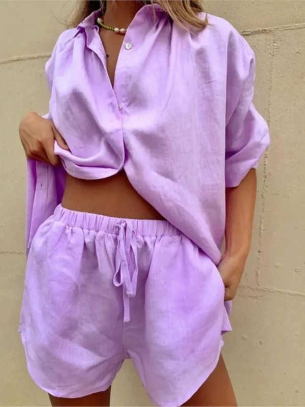 Casual Cotton Linen Solid Color Sets Women Short Sleeve Loose Shirt Wide Leg Shorts Two Piece Set Woman Suits 2024 Summer 3