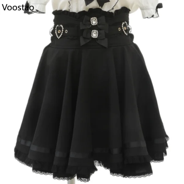 Gothic Lolita Ribbon Double Bow High Waist Skirt Women Sweet Pearl Buckle Lace Pleated Skirt Japanese Cute A-Line Mini Skirts 2