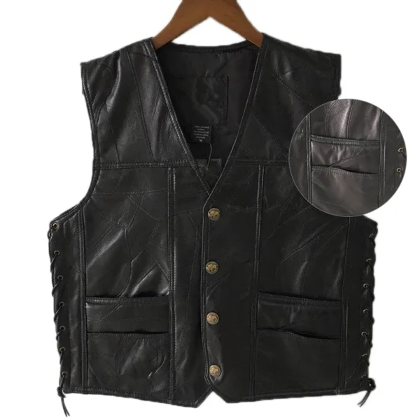 1PCS Punk Biker Vest Lace Button Autumn Sleeveless Jacket For Men Black Leather Polyester Motorcycle Vest For Men 4