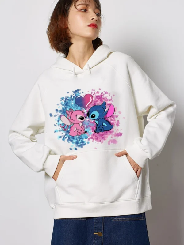 Disney Stitch Hoodies Women Harajuku Pullovers Cute Kawaii Casual Tops O-Neck Angel Print Hooded Sweatshirt Long Sleeves 5