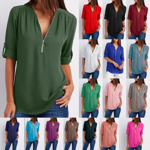 S-5XL Ladies Loose Chiffon Shirt Multi Colors V-Neck Zipper Long-Sleeved Casual Basic White Black Blouse Shirt Tops Plus Size 2