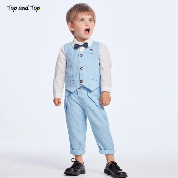 Top and Top Spring&Autumn Baby Boy Gentleman Suit White Shirt with Bow Tie+Striped Vest+Trousers 3Pcs Formal Kids Clothes Set 3