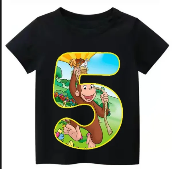 New Curious George Funny Monkey Print Cartoon Boys Clothes  2 3 4 5 6 7 8 9 Years Birthday Number Kids T shirt Tops 5