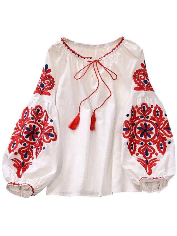 EWQ Sweet Style Women Pullover Shirts Embroidery Patchwork Bandage V-neck Lantern Sleeve Spring Summer 2023 New Blouse SN0452 6