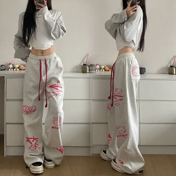 Retro streetwear graffiti pants Hip hop baggy sweatpants versatile straight leg trousers wide leg drawstring slacks Y2K pants 4