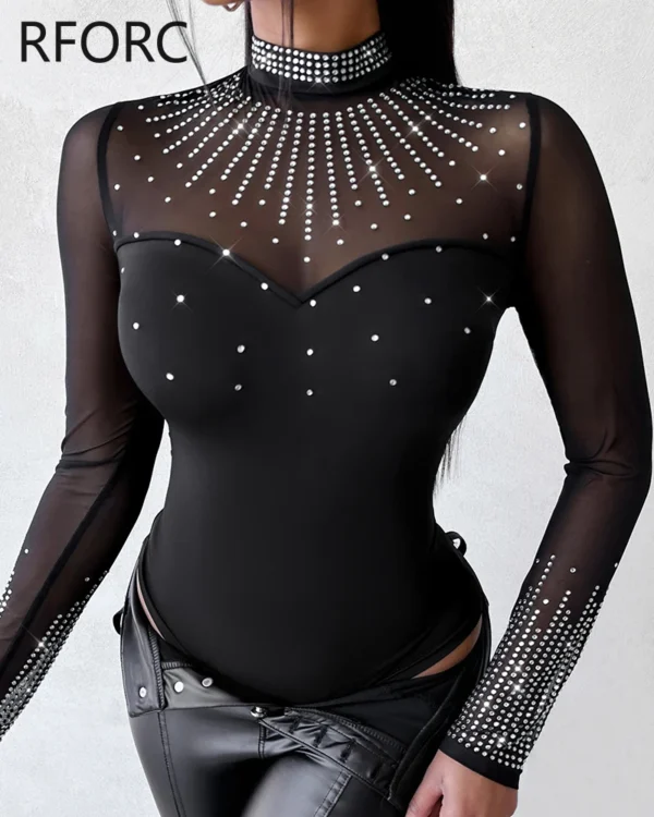 2023 Women Sexy Solid Long Sleeves Contrast Mesh Patch Rhinestone Decor Bodysuits 4