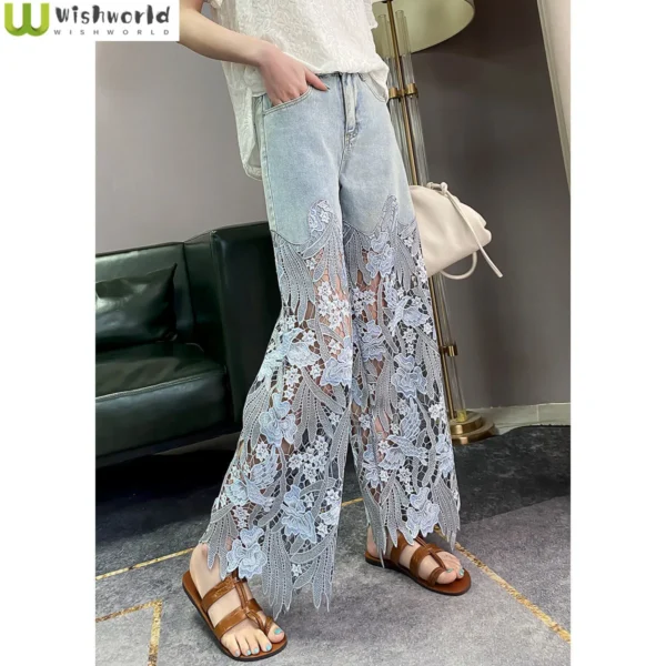 2023 Summer New Vintage Flower Hollowed-out Jeans Cool Pants Women's Pants Loose Street Casual Trousers 1