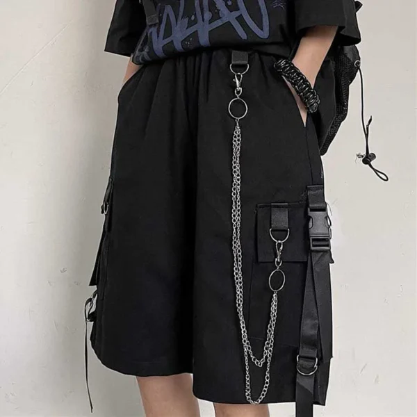 Casual Loose Cargo Shorts Women Harajuku Hip Hop Punk Large Pocket Wide Leg Shorts Fashion Chain High Waist Joggers Short Pants 1