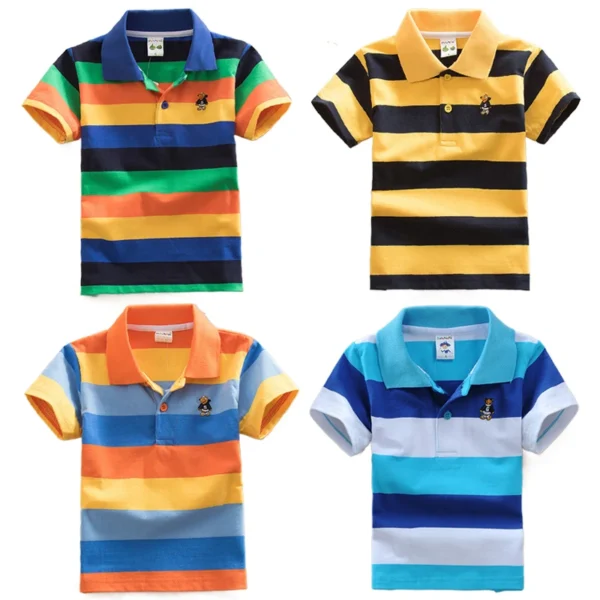 T-shirt For Boys Summer Children Short Sleeve Stripe Tees Cartoon Bear Embroidery Tops Teens Breathable Polo Shirt Kids Clothing 1