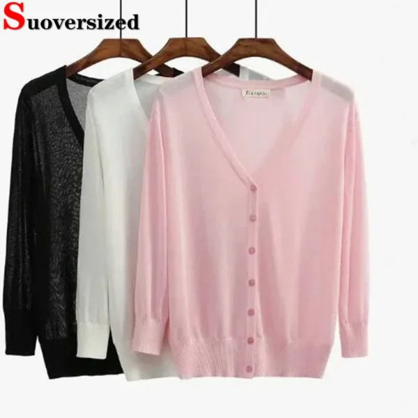 Plus Size 5XL 85 KG Knit Cardigan Summer Lightweight Suncreen Shawl Long Sleeve V-neck Single Breasted Tops Women Korean Sweater 1