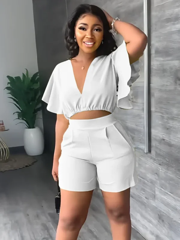 Summer V Neck Short Tops Women's Set Solid Color Fashion Flounces Short Sleeved Casual Shorts Suit Female Office Two Piece Set 5