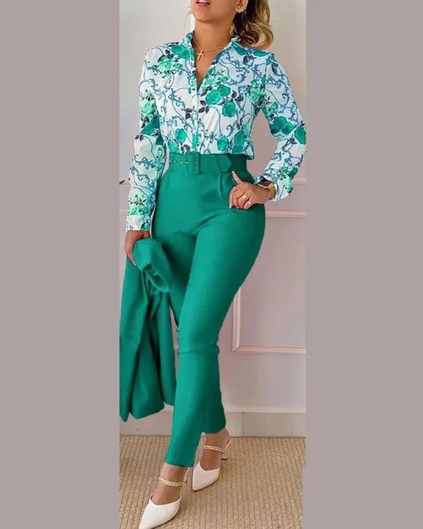 Elegant Long Sleeve Shirt Pants Set Office Lady Spring Autumn V Neck Floral Print Trousers Two Piece Set Women Outfit 2023 6