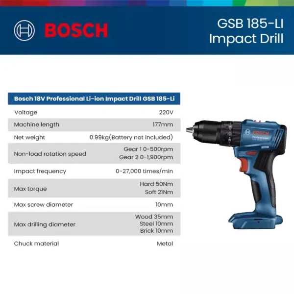 Bosch GSB185-LI 18V Cordless Impact Drill with Brushless Motor Powerful Electric Screwdriver Rechargeable Cordless Power Tool 6