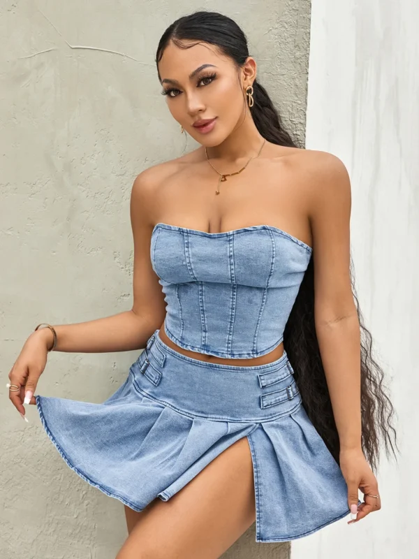 Women's Summer 2PCS Outfit Sets Solid Color Sleeveless Off Shoulder Zipper Bandeau + Pleated Denim Skirt 1