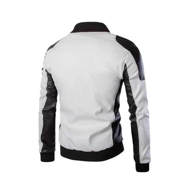 2024 New Men Stand Collar Coat Black White Color Matching Casual Leather Jacket Fashion Racing Clothing  PU Leather Jacket 5XL-M 2