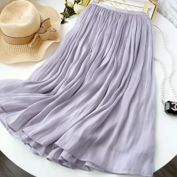 Solid Color Casual Midi Skirt 2024 Spring Summer Fashion Women's Elastic Waist Mesh Skirt Female Elegant Pleated A-Line Dress 1