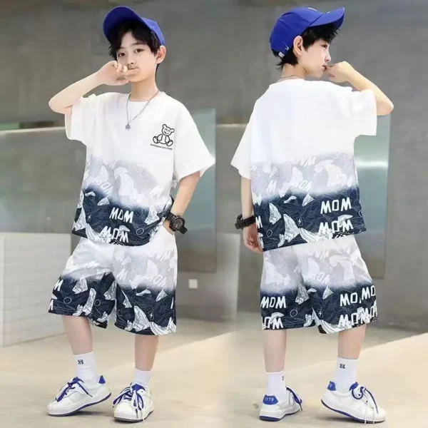 Boys Summer 2024New Cotton Fashion Sports Suits Astronaut Rabbit Print Shorts Sleeve Sets 5-14Years Boys Streetwear Outfits Set 1