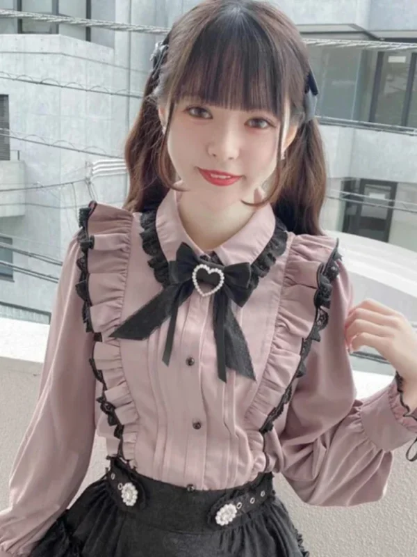 Japanese Kawaii Lace Ruffle Shirt Women Y2k Pink Bow Blouse Harajuku Cute Ladies Tops 2024 New Fashion Lolita Blusas Femme 4