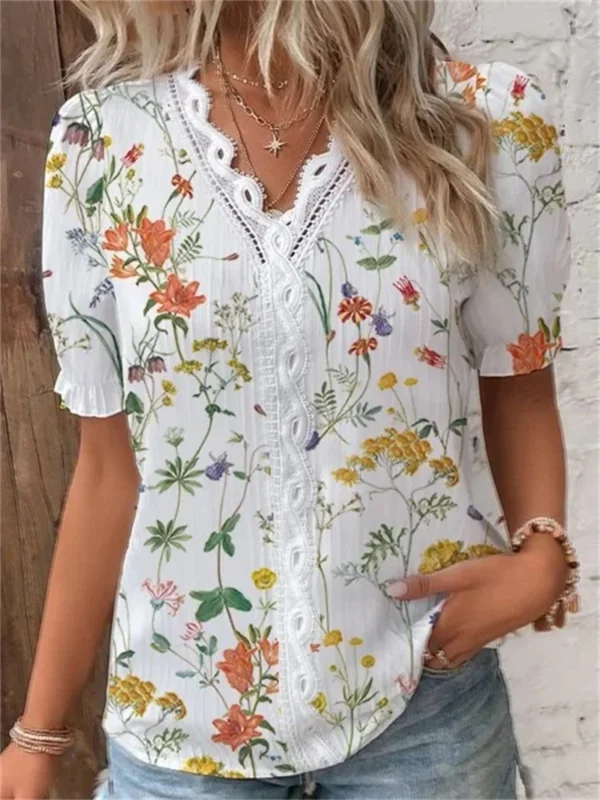 Women V Neck Splice Lace Decoration Pullover Shirt Elegant Botanical Flowers Prints Female Blouse Summer Casual Short Sleeve Top 3