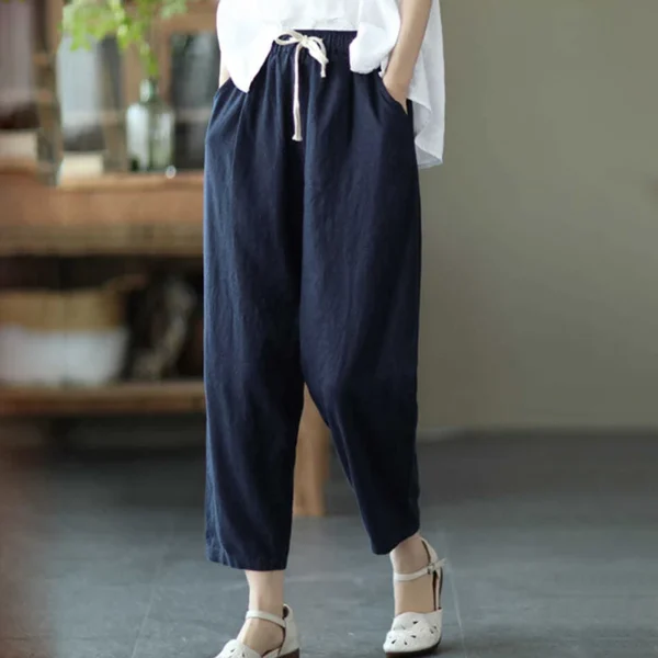 Rimocy 2024 Summer Casual Cotton Linen Pants Women Retro Pockets Loose Harem Pants Woman Solid Elastic Waist Trousers Female 2