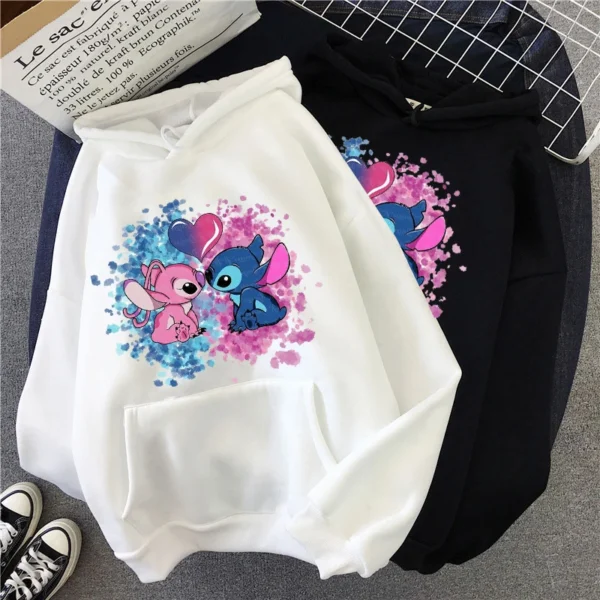 Disney Stitch Hoodies Women Harajuku Pullovers Cute Kawaii Casual Tops O-Neck Angel Print Hooded Sweatshirt Long Sleeves 1