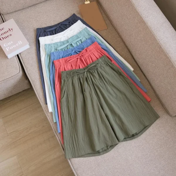 Summer Cotton Linen Loose Women's Shorts Casual Straight Short Pants Harajuku Elastic Waist Wide Leg Knee Length Shorts Women 2