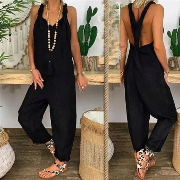 2024 Summer Sexy Solid Women Jumpsuit Playsuit Casual OverallsBib Overall Sleeveless Backless Knotted Jumpsuit Dungarees 1