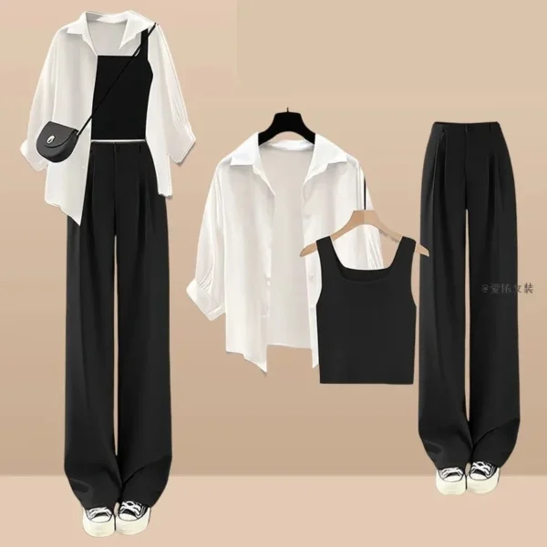 2024 Summer New Korean Casual Sunscreen Shirt+Vest+Suit Wide Leg Pants Three Piece Women's Fashion Blouse Trousers Matching Set 1