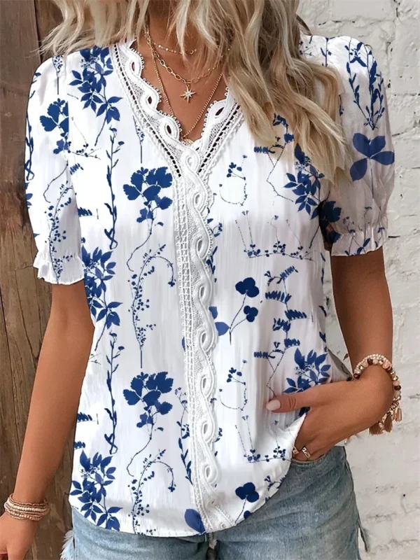 Women V Neck Splice Lace Decoration Pullover Shirt Elegant Botanical Flowers Prints Female Blouse Summer Casual Short Sleeve Top 2