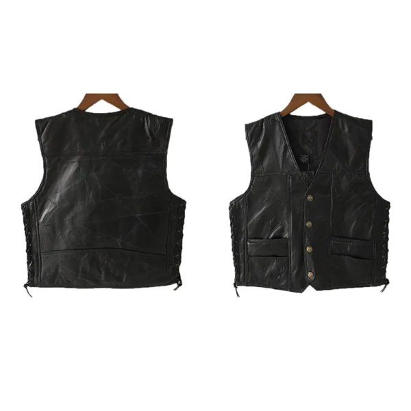 1PCS Punk Biker Vest Lace Button Autumn Sleeveless Jacket For Men Black Leather Polyester Motorcycle Vest For Men 3