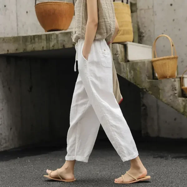 Customized 2024 New UZZDSS Women's Summer Cotton Linen  Loose Pocket Elastic Waist Wide-leg Retro Literary Casual Ninth Pants 3