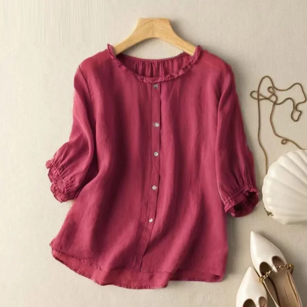 New Summer Women Vintage Ruffle Cotton Linen Blouses Simple Casual O Neck Half Sleeve Shirts Female Solid Loose Comfortable Tops 5