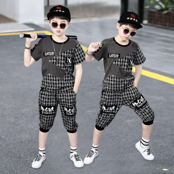 2024 Summer Kids Clothes Sets For Boys 4 6 8 10 12 Year Fashion Splicing Short Sleeve Tops & Pants School Children Sport Suit 2