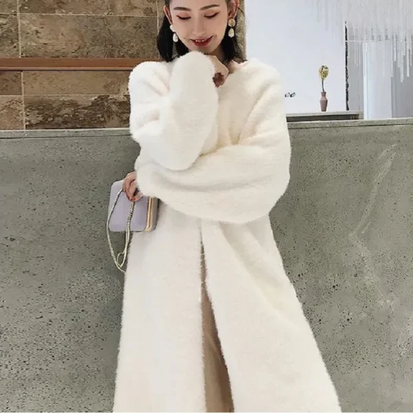 white Long Cardigan for women 2024 winter clothes Knitted fluffy long sleeve Cashmere sweater coat clotkorean style warm vintage 3