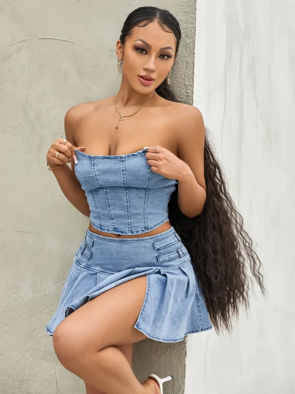 Women's Summer 2PCS Outfit Sets Solid Color Sleeveless Off Shoulder Zipper Bandeau + Pleated Denim Skirt 3